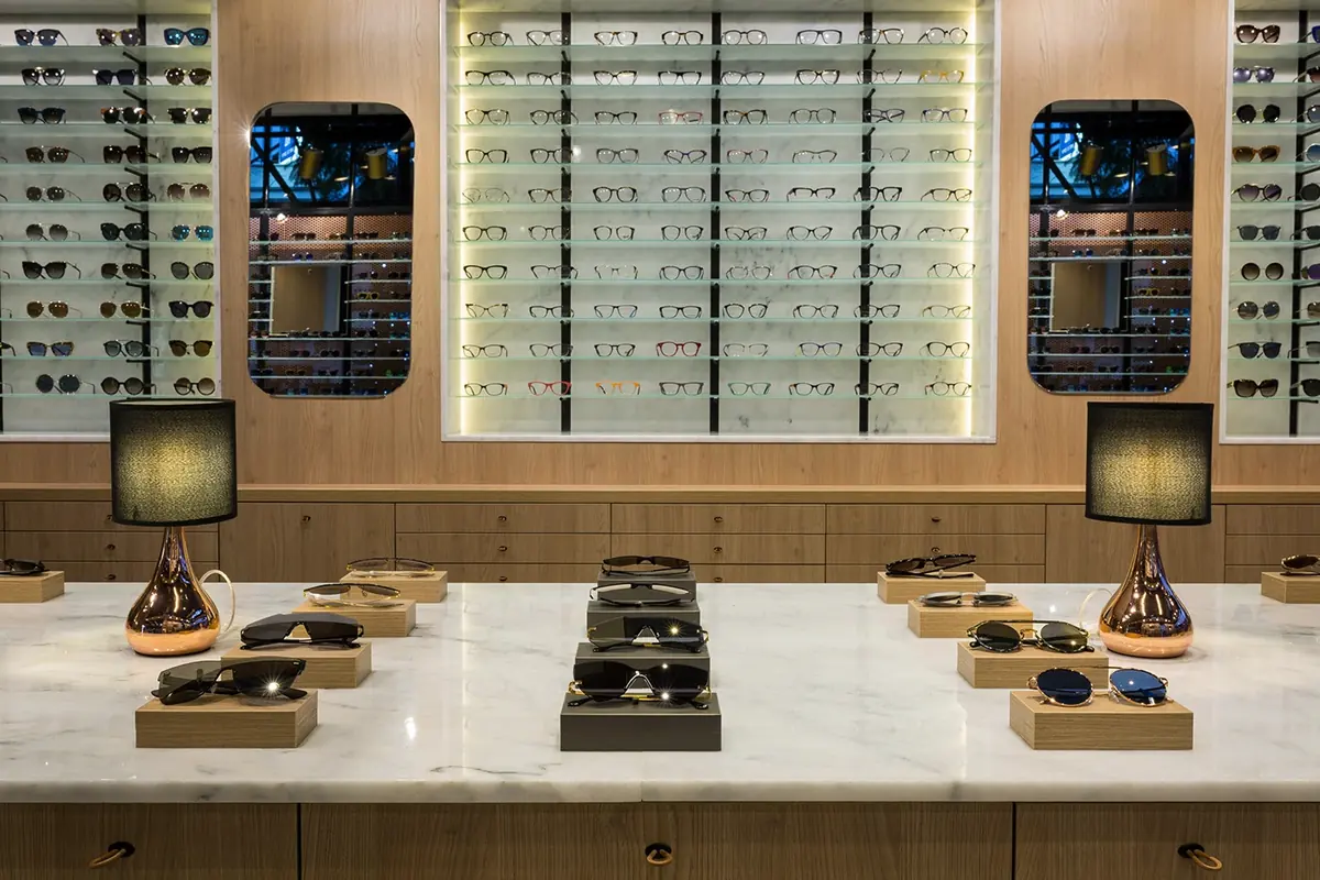 Warm wood industrial optical boutique concept