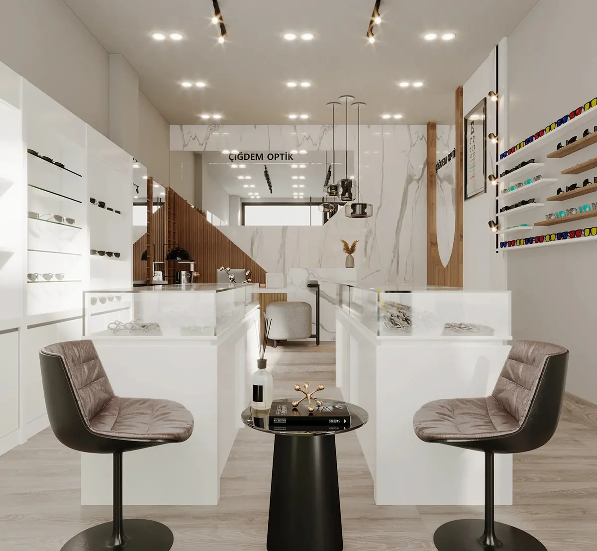 White marble wood optical boutique concept